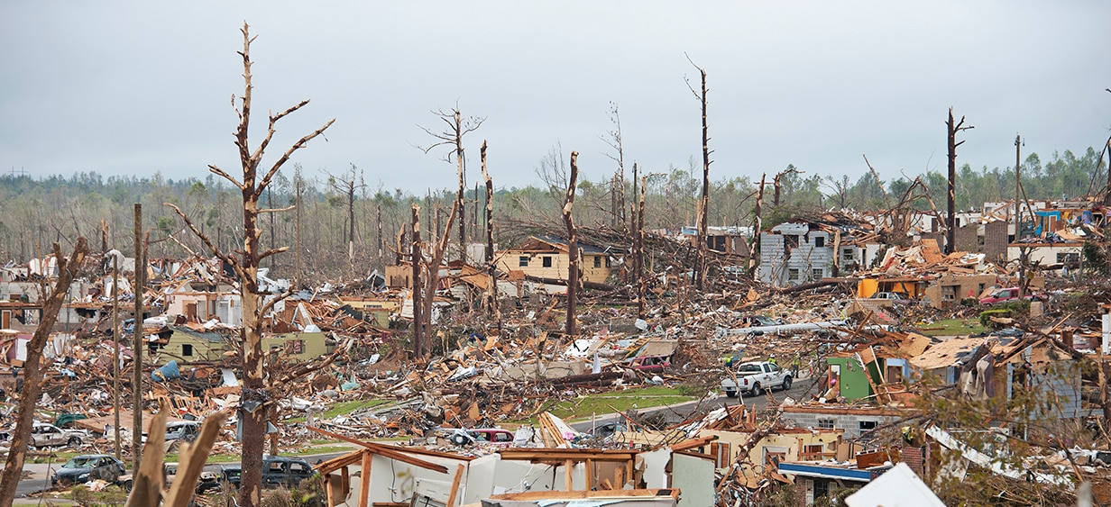 Picture of damage after a tornado in Southern US