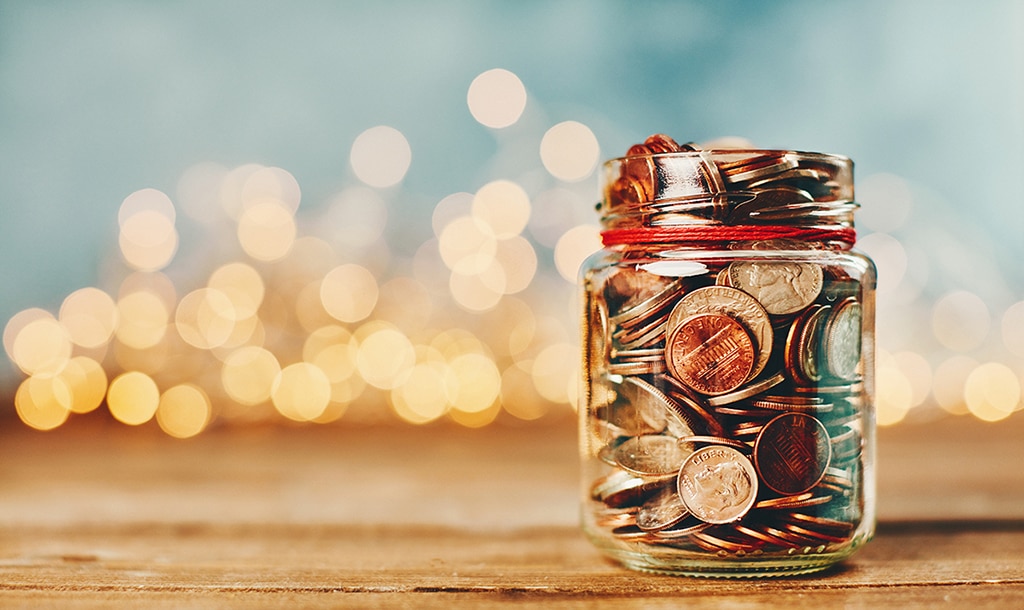 coin jar with string lights